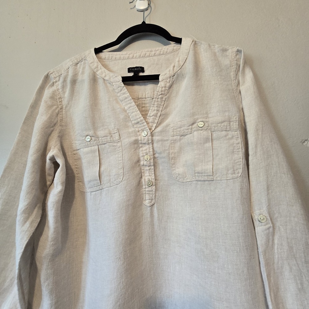 Talbots Linen Blouse Popover Top Shirt Women's L Beige Resort Summer Neutral - Picture 3 of 10